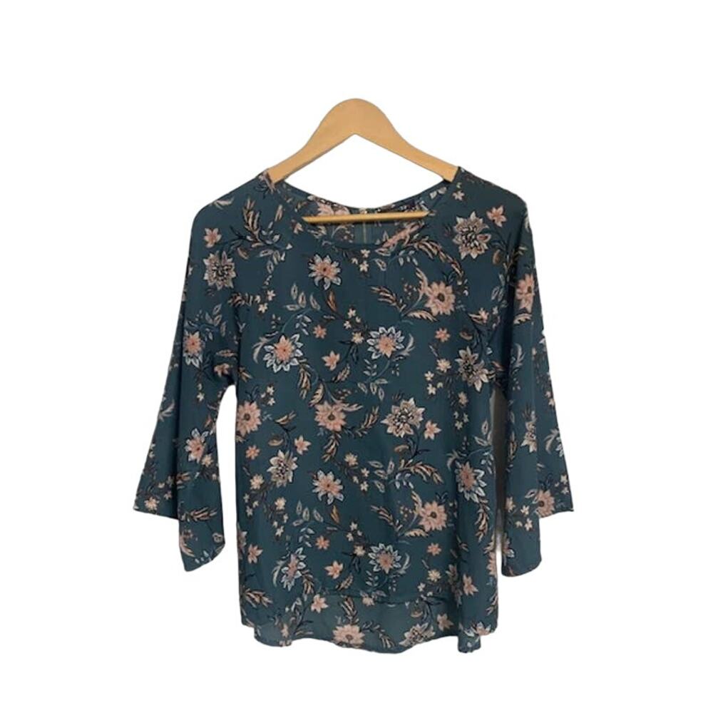 PAPERMOON Floral Blue Zip Back 3/4 Sleeve Top Blouse | S